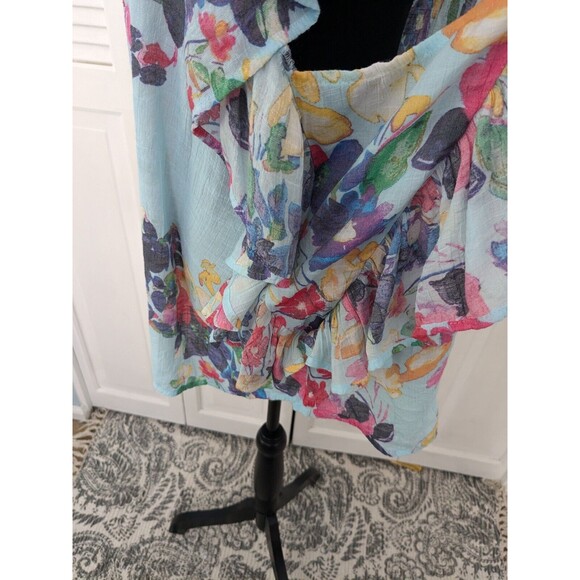 Zac & Rachel Blouse Womens 3X Aqua Floral Top Flutter Sleeve Ruffle Lightweight - Picture 8 of 13